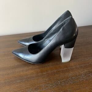 Pour La Victoire Woman’s Black Leather Bock Acrylic Heel Pumps- Size 8